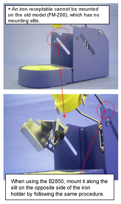 When using the B2850, mount it along the slit on the opposite side of the iron holder by following the same procedure.